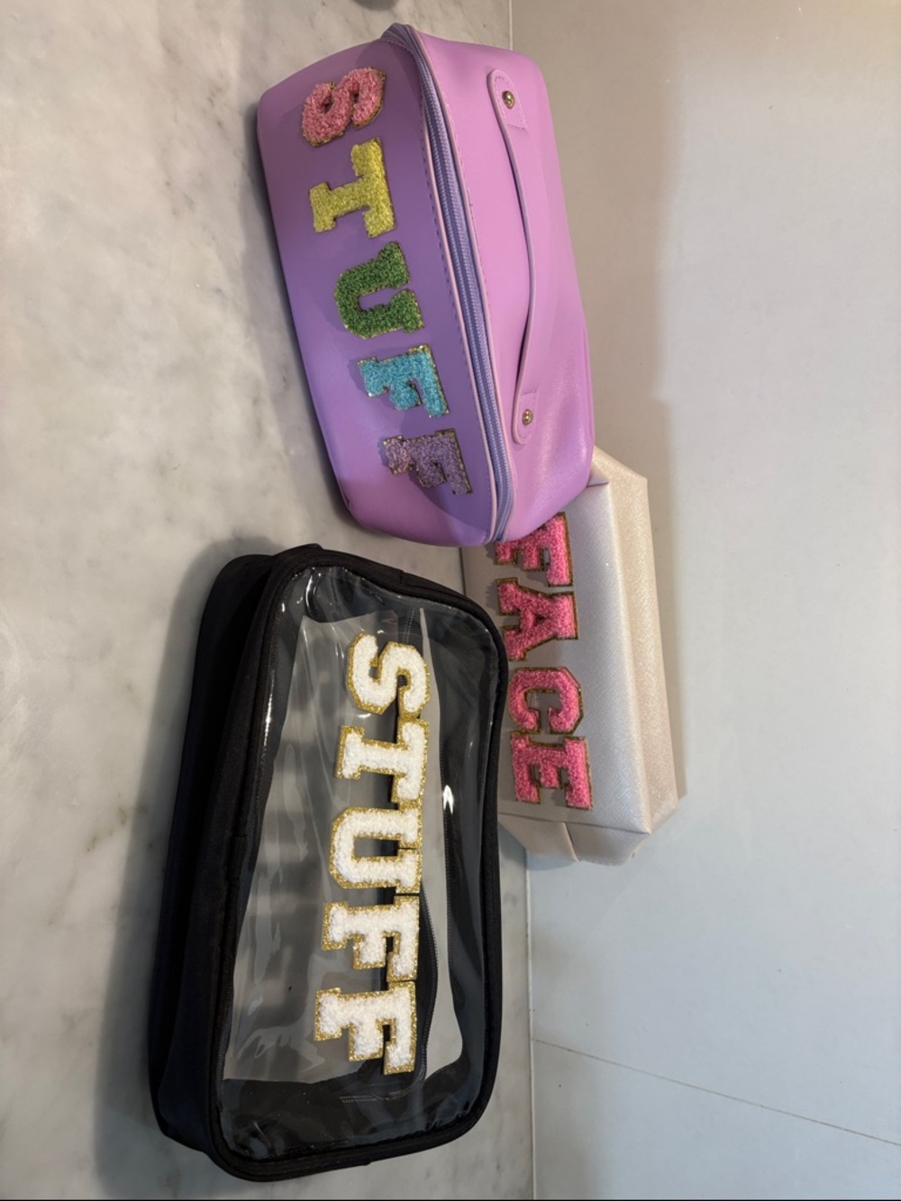 Set of 3 Glitter Letter Cosmetic Bags - Pink, Lilac, Black